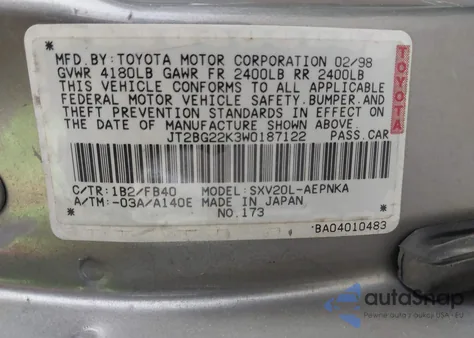 1998 Toyota Camry Ce/Le/Xle from USA, damaged, VIN JT2BG22K3W0187122